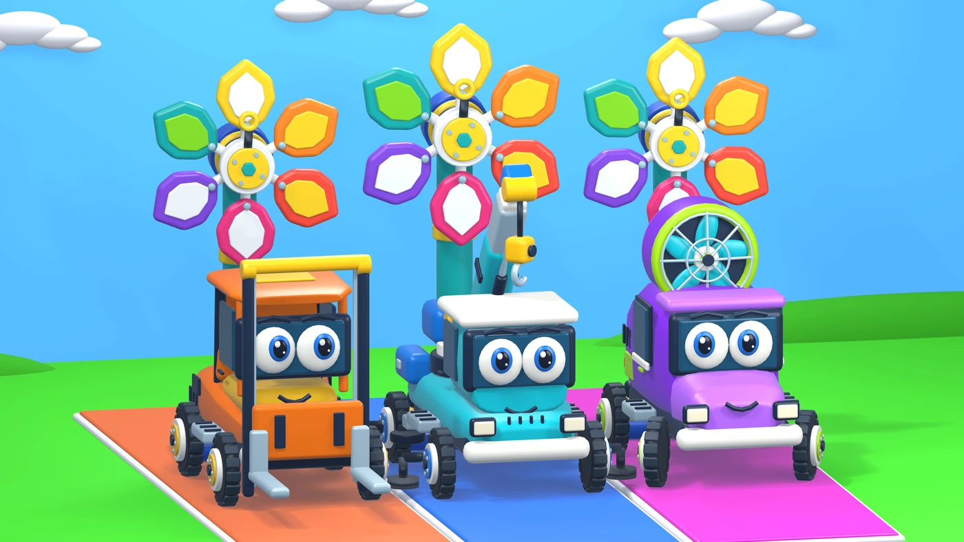 The three Vumibo trucks with giant colourful pinwheels